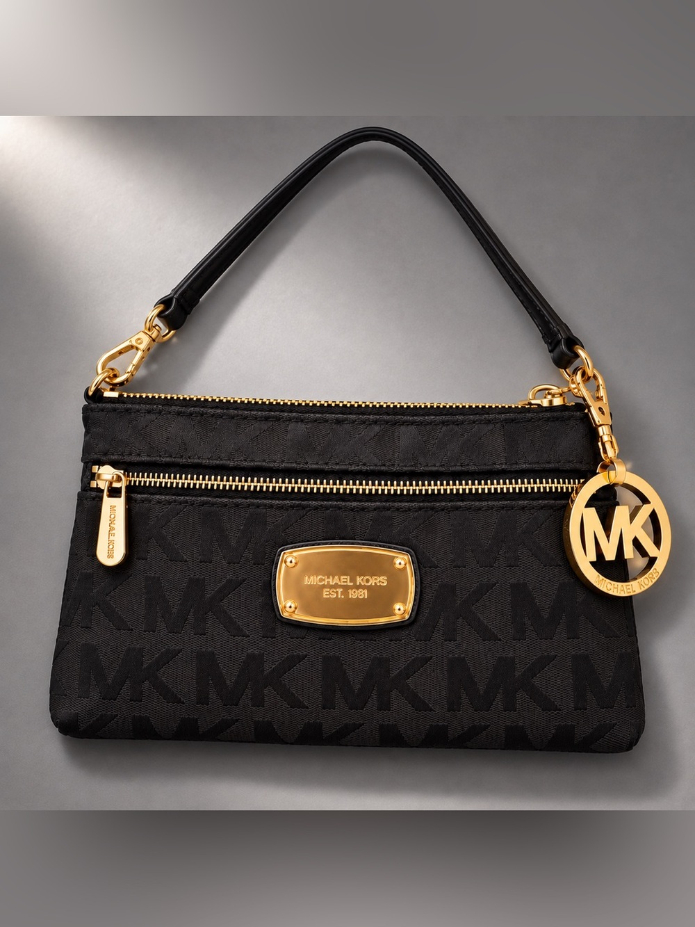 Michael Kors Fulton Signature Jacquard Wristlet MK Charm Black Gold